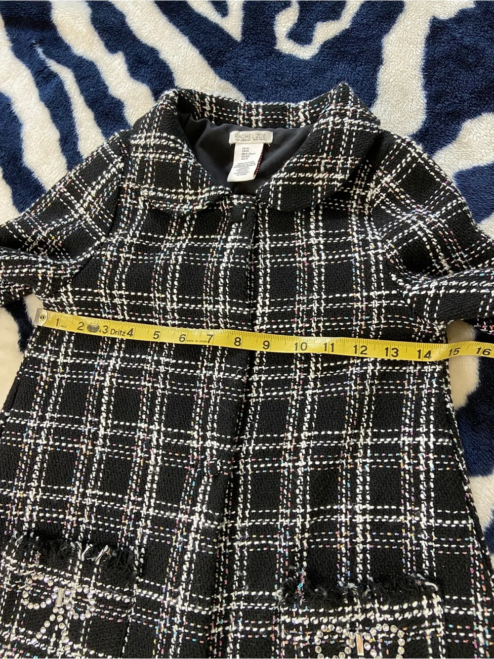 Rachel Zoe Girls Black White Plaid Tweed Bouclé Coat Metallic Peter Pan Collar